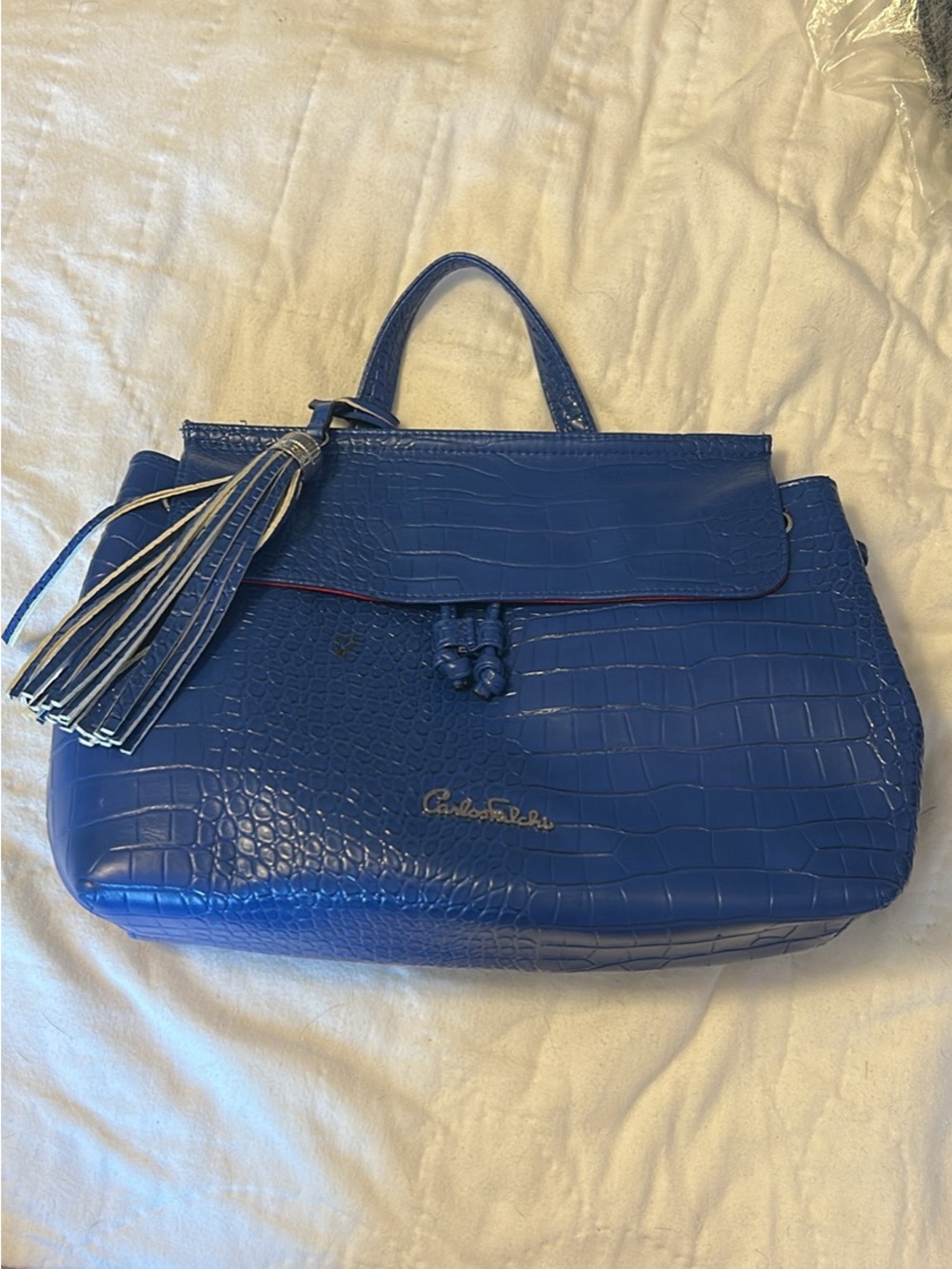 Carlos Falchi Croc-Embossed Cobalt Blue Satchel with Tassel